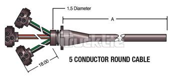 72" LH 3 PLUG S/T/T HARNESS 5 CONDUCTOR ROUND CABLE